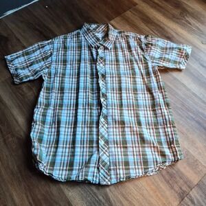 Pjmark Mens XL Plaid Button Down Shirt Short Sleeve Cotton Olive Blue Gorpcore